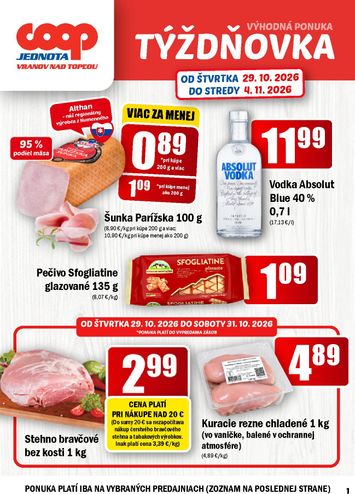 Leták COOP Jednota - COOP Jednota - Vranov nad Topľou od 29.10. do 04.11. - strana 1