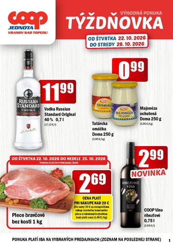 Leták COOP Jednota - COOP Jednota - Vranov nad Topľou od 22.10. do 28.10. - strana 1